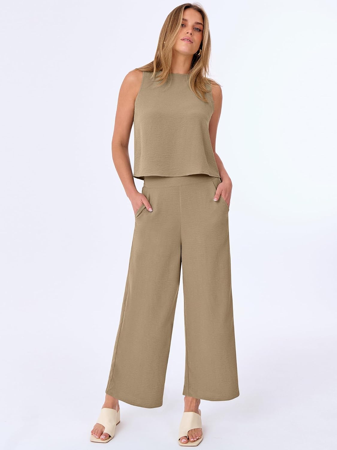 ANRABESS Women Lounge Sets 2 Piece Outfits Summer Sleeveless Crop Tops Capri Wide Leg Pants Vacation Beach Travel Sets - Image 3