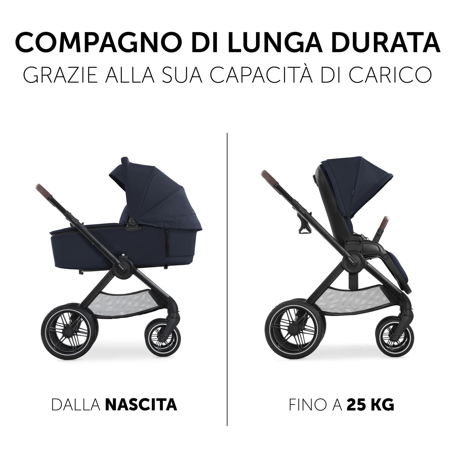 hauck Walk N Care Set, Dark Navy Blue - Carrozzina e Passeggino 2in1 con Navicella - Seduta Reversibile e Reclinabile - Maniglione Telescopico - Portabibite - Cappotta UPF 50+ - Ruote in Gomma