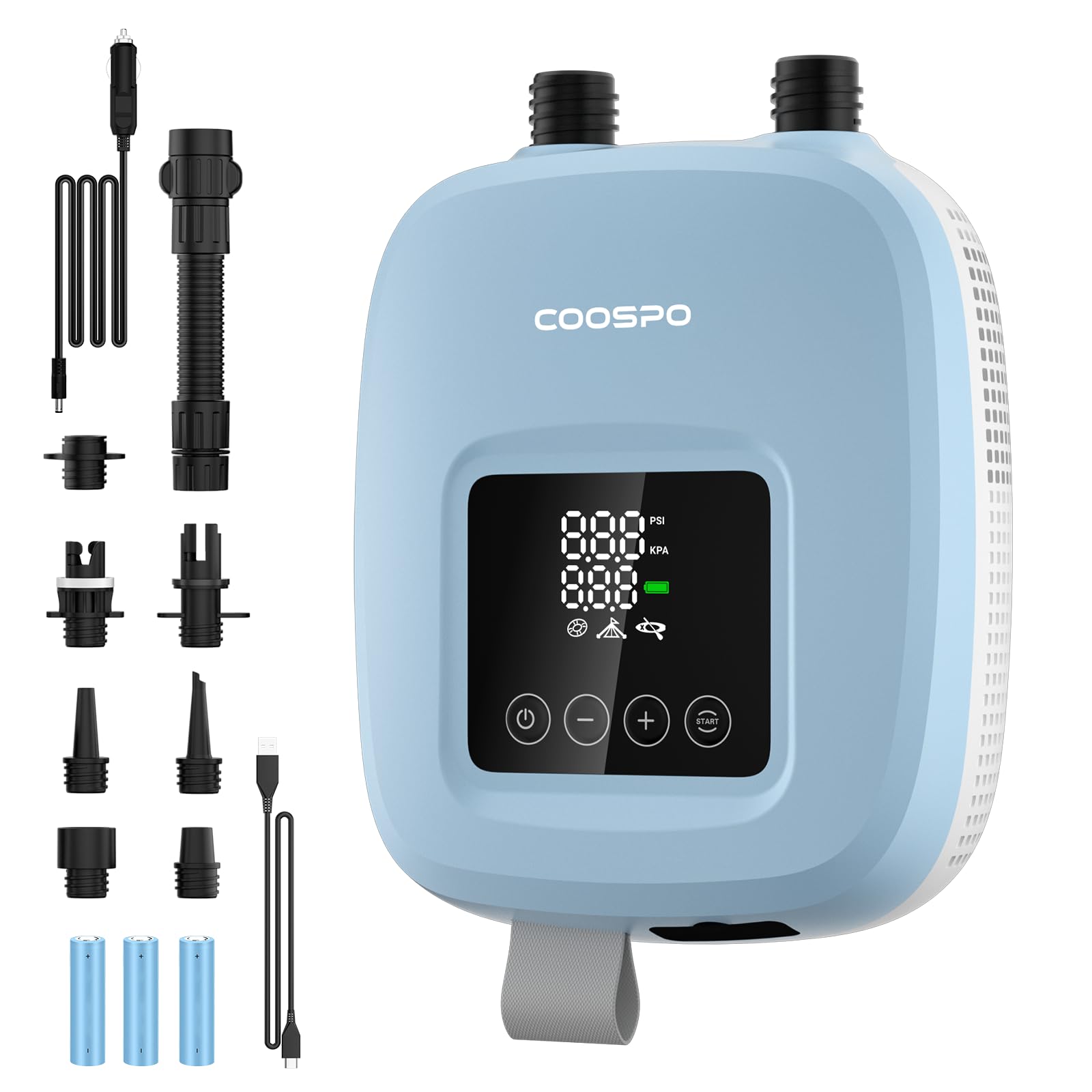 CooSpo Pompa elettrica verticale per SUP, gonfiaggio ad alta pressione a 20 psi, dotata di batteria ricaricabile da 59,2/44,4 Wh, silenziosa, adatta a kayak e altri articoli gonfiabili