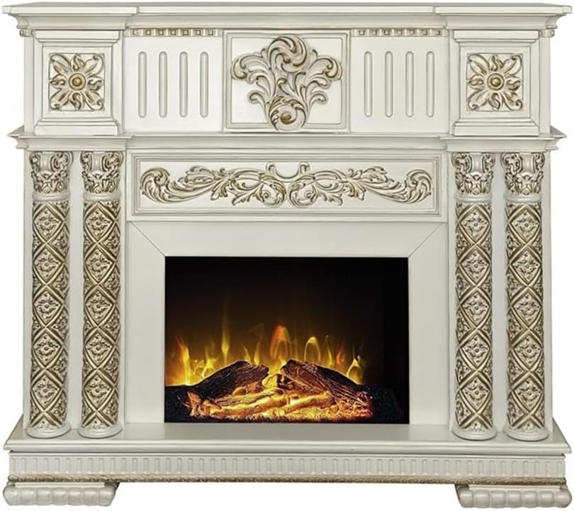 ACME Furniture Vendome 59" x 16" Traditional Wood LED Electric Fireplace with Raised Scrolled Trim, Adjustable Temperature Timer, in Antique Pearl Finish