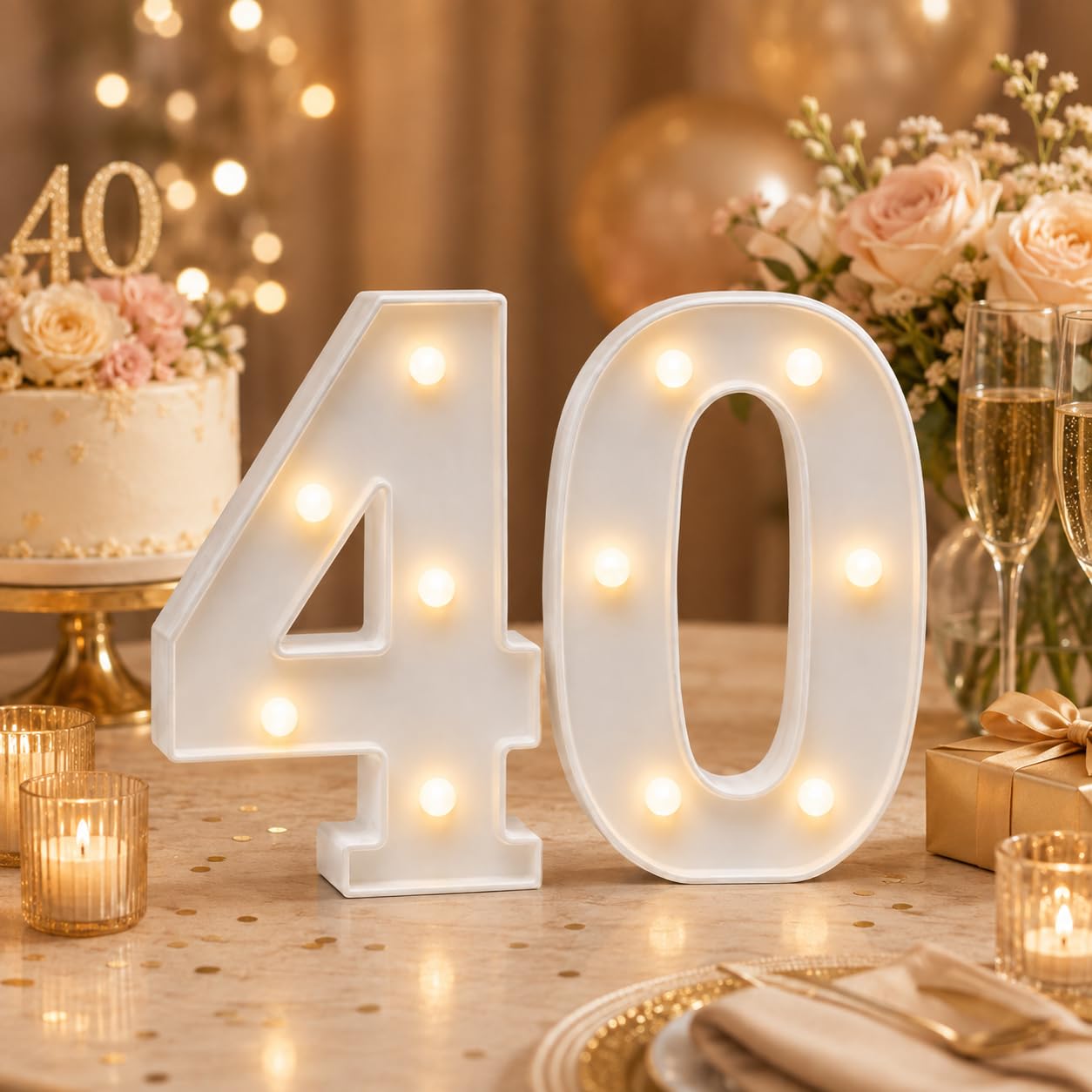 LED Light Up Numbers 40, Warm White Marquee Number Lights for 40th Birthday Decorations, 20 cm/8 inch Battery Operated Number 40 Lights for Tabletop or Wall Display