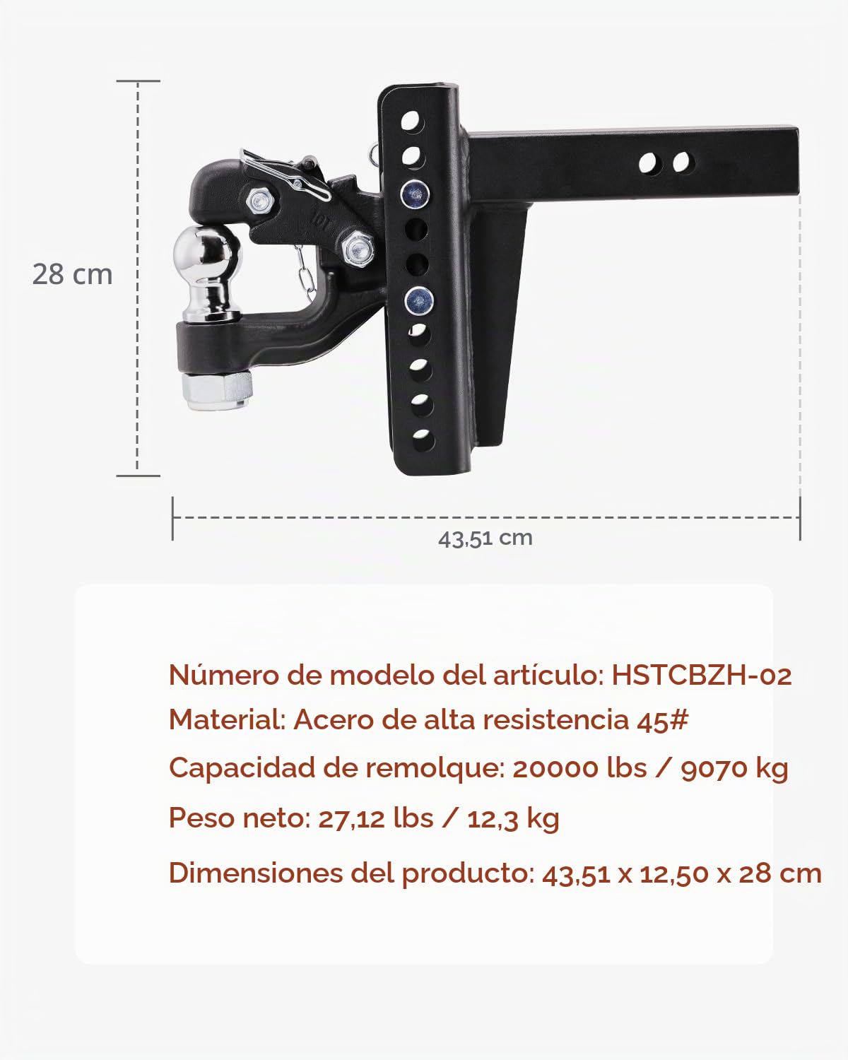 VEVOR Gancho de Enganche Ajustable de 9070 kg para Receptor de 2" Bola de Enganche Combinada de 2-5/16", se Adapta a Anillos de Luneta de 2,5"-3", Caída de 6 Pulgadas, Revestimiento de Polvo Negro