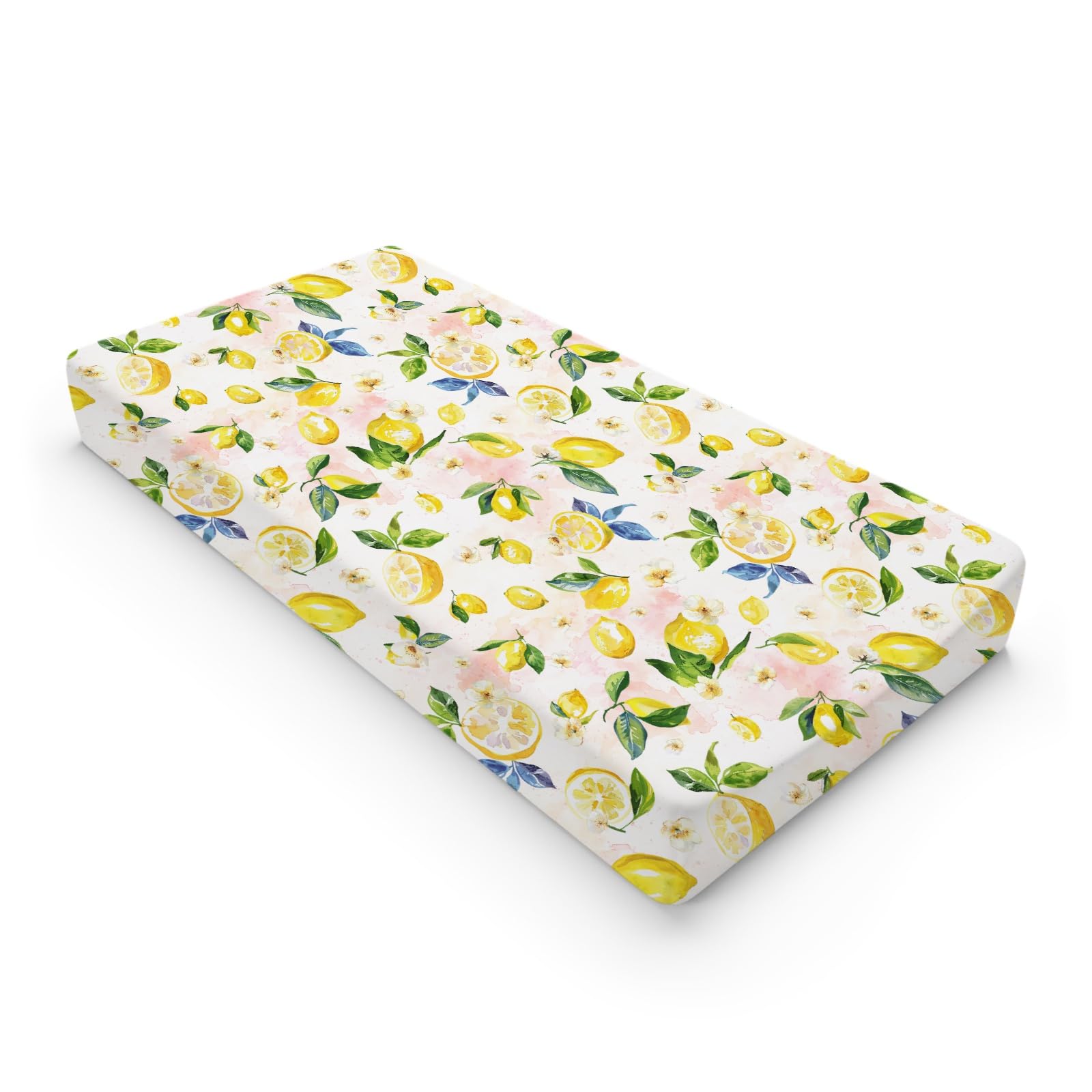 Watercolor Lemons Leaves Changing Pad Covers Summer Lemon Boho Flowers Leaves Fitted Baby Changing Table Sheets for Boy Girl Fruits Soft Breathable