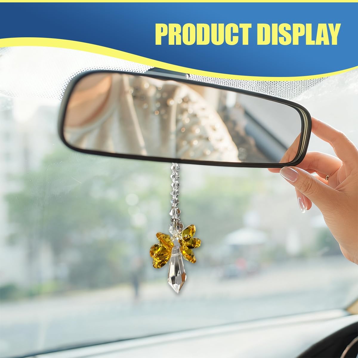 Craedli Angel Crystal Car Hanging Ornament, Cute Rhinestone Car Rear View Mirror Charm Decoration, Luck Healing Diamond Vehicle Interior Pendant Accessories for Cars Home(Yellow) image 5