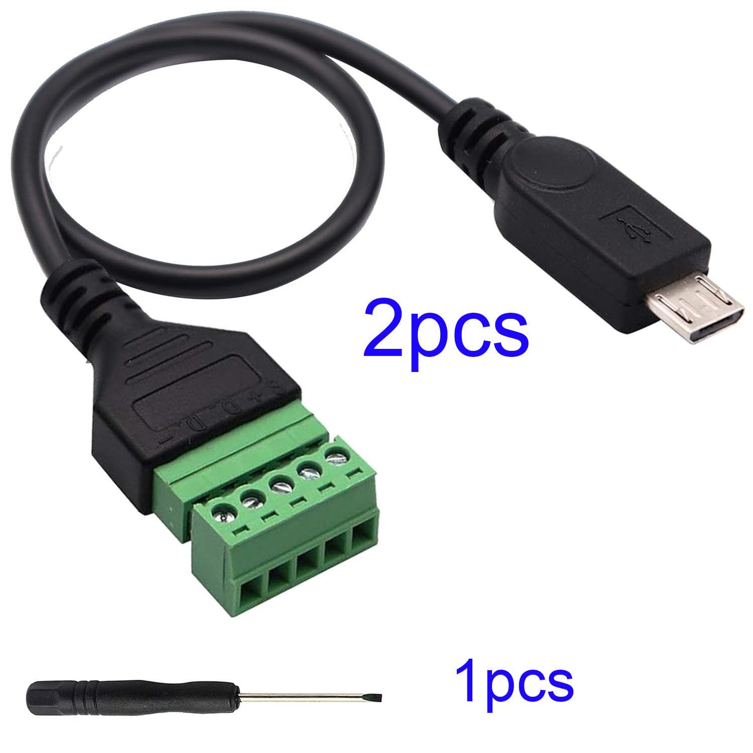 RUNCCI-YUN 2 Stück Micro USB Terminalstecker männliches Kabel, Lötfrei Micro USB auf 5-poliges Schraubklemmenblock
