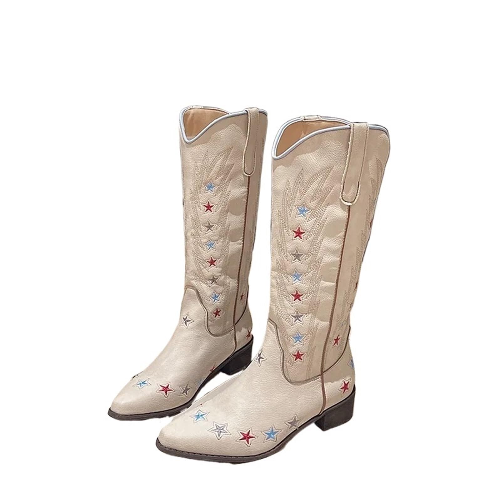 Stivali da cavaliere ricamati con stelle retrò da donna, scarpe da cowboy western a punta, stivali da cowgirl, stivali con tacco medio e alti fino al ginocchio Per Festa a Tema Concerto Country(42)