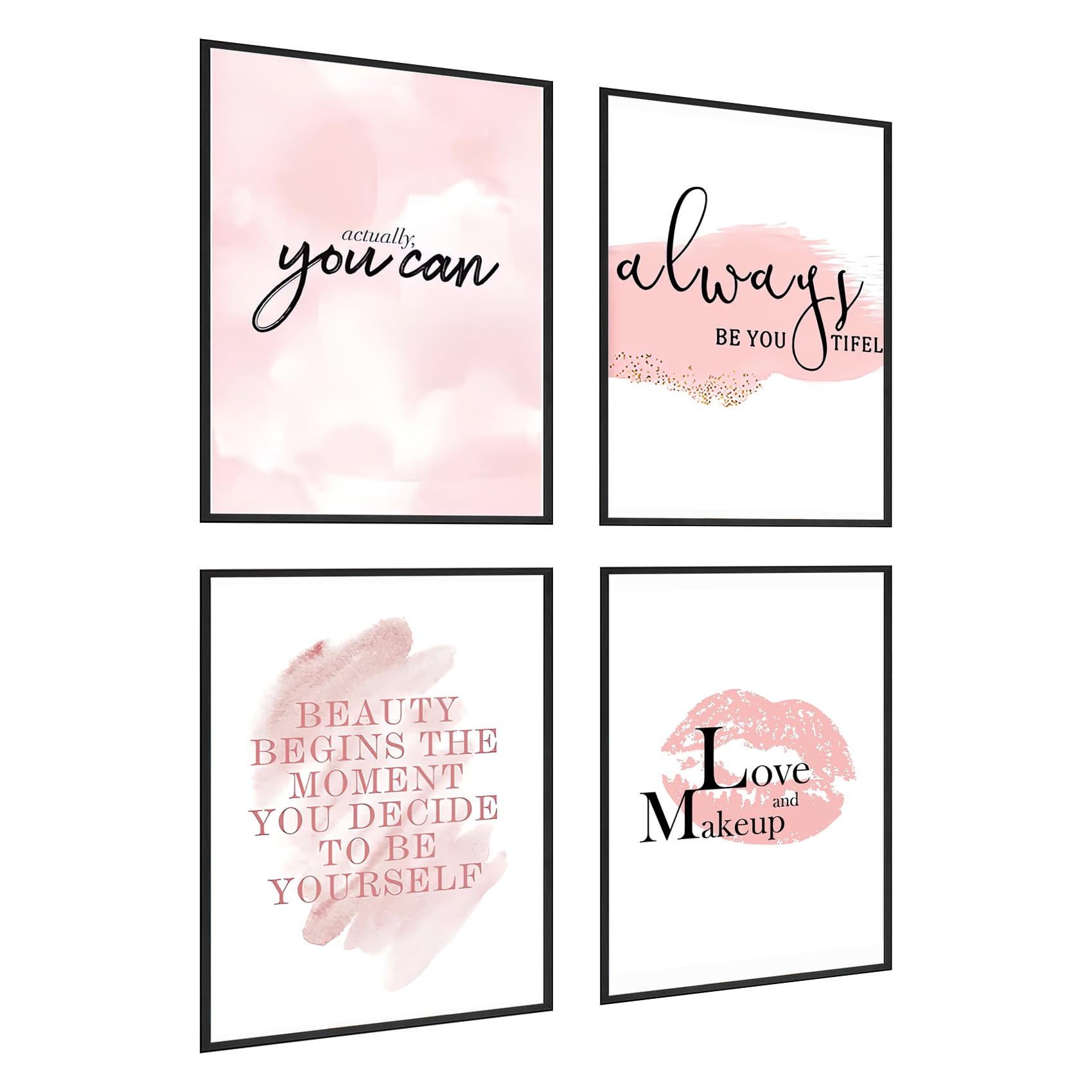 KLPOARTQ Set of 4 Frame Glamorous Pink Makeup Fashion Art Canvas Painting Posters Wall Decor Motivational for Girls' Room Pictures Prints Home Decoration