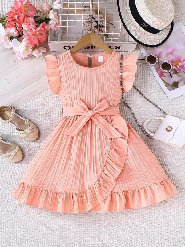 Image of Niren Enterprise Girls' Frill Pleated Design, Ruffle Sleeves, Bow Waist, Elegant Summer & Birthday Party Dress