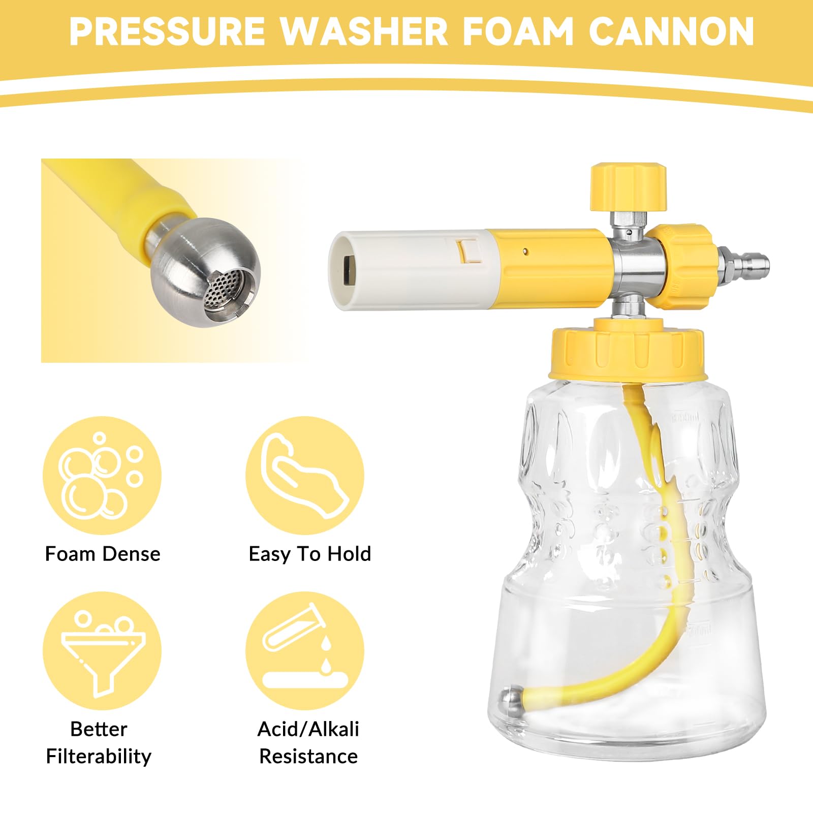 Cañón de espuma para lavadora a presión, lanza de espuma de nieve transparente profesional para lavado de autos, lanzador de espuma de coche resistente con liberación rápida de 1/4 pulgadas,