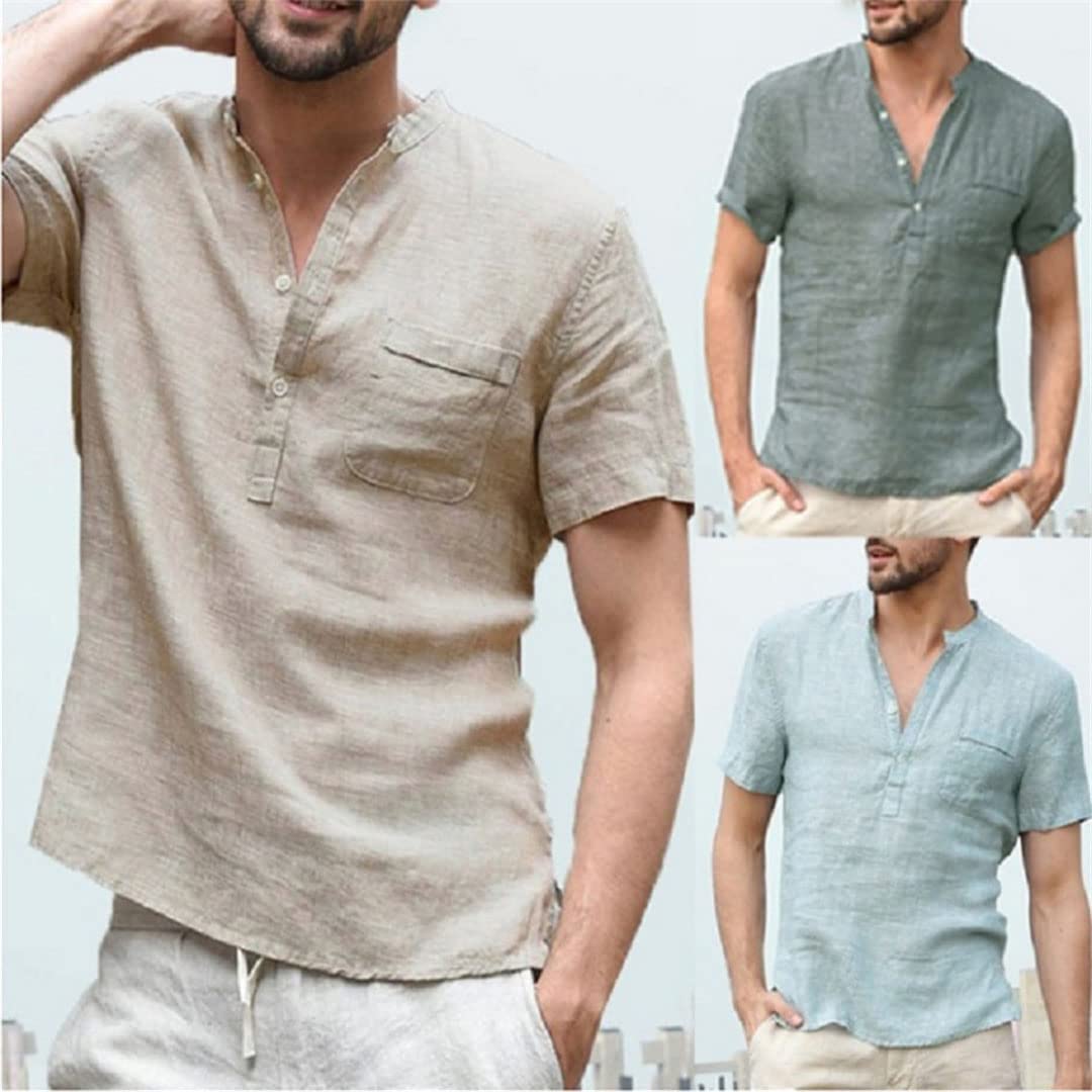 Camiseta de manga corta para hombre, de algodón y lino, informal, para hombre, ver fotos, L