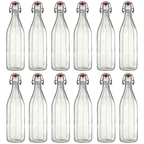 Flaschenland 12 edle Glasflaschen 1000 ml mit Bügelverschluss, einzigartiges Design, luftdichte Bügelflaschen für Limonade, Saft, Likör, Wasser, Öl zu Hause oder in Cafés und Bars | Made in Germany