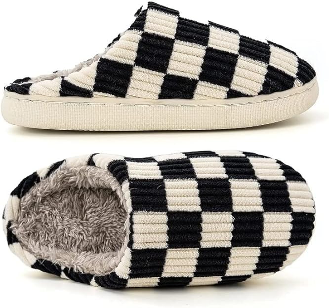 kissxiaoya Unisex House Slippers, Plaid Scuff Slides, Womens Cozy Memory Foam Slipper, Slip on Warm Checkered Shoes Indoor Outdoor with Anti-slip sole (Black, 9.5-10.5) - Image 4