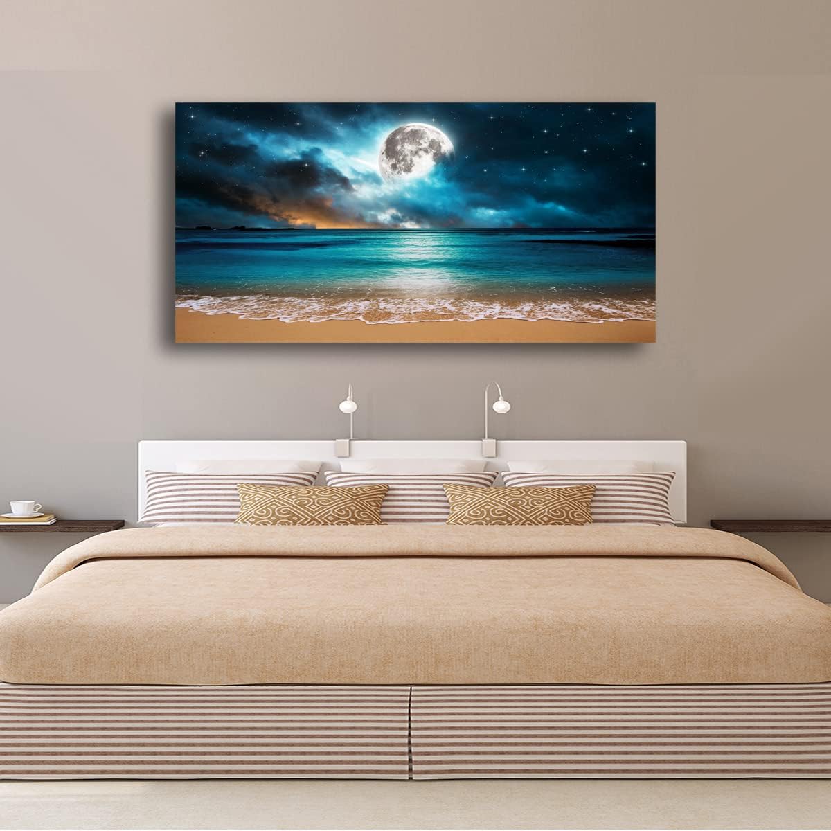 Beach Wall Art Canvas Prints Moon Ocean Landscape Picture Home Decor Natural Seascape Paintings for Living room Bathroom Bedroom Office Kitchen Decorations Modern Artwork Wood Framed 20x40inches blue ocean sea white full moon 20x40inches x 1pcs(50x100cm x 1pcs)