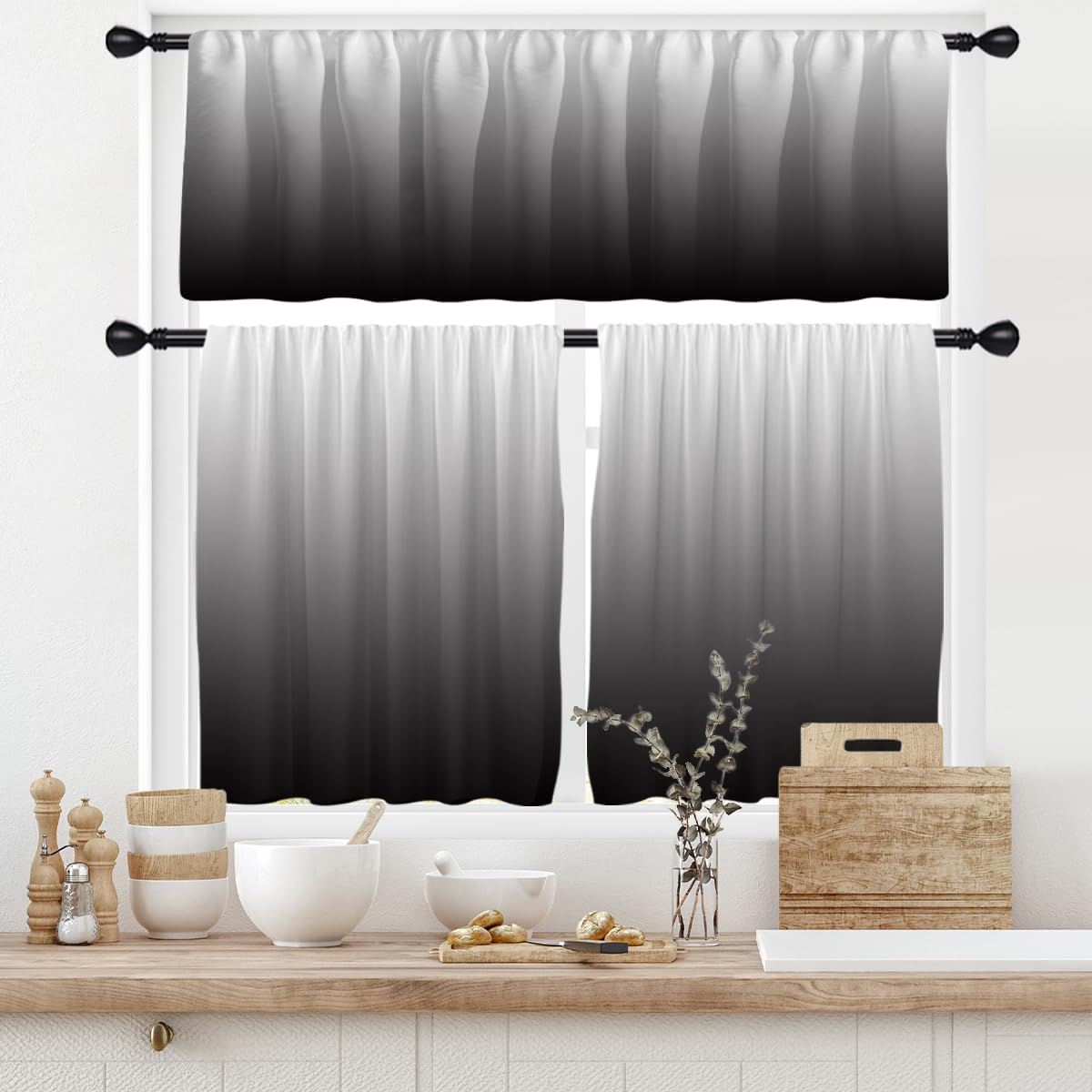 Coxila Black White Kitchen Valance Tiers Curtains for Windows Small Short Mini Cafe Rod Pocket Gray Grey Ombre Goth Modern Dark Silver Cool Gradient Home Living Room Treatment Set of 3 Panel Drapes