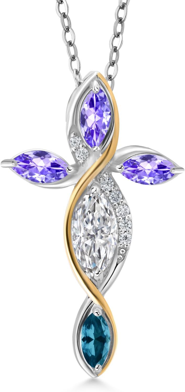 Cross Necklace For Women In 925 Silver and 10K Yellow Gold Lab Grown Diamond and Tanzanite and London Blue Topaz | 1.39 Cttw | Jesus Christian Religious Crucifix | Marquise Cut 8X4MM | 18 Inch Chain