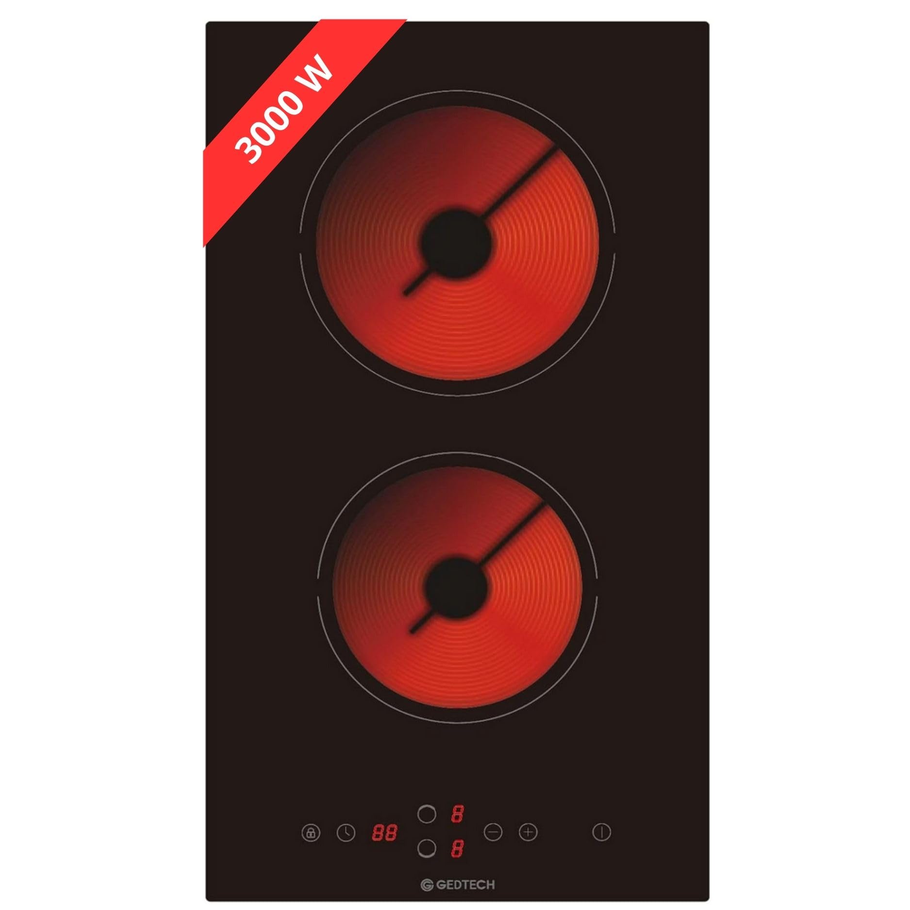 GEDTECH Piastra in ceramica 2 Foyers GTV2Z3000B - 3000 W - Tasto Sensitive - 9 livelli di potenza, timer - Vetro nero