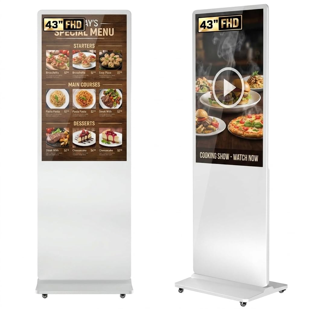 43 Zoll Digitaler Kundenstopper, FHD LCD IPS Digitales Werbedisplay mit Android OS, USB/HDMI/WiFi, Advertising Display mit Rollen, Digital Signage Display für Einzelhandel Gastronomie Geschäft