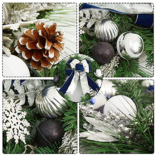 24" Prelit Christmas Wreath with Lights, Battery Operated Xmas Garland with Decorations, Wreath for Front Door Porch Wall Window Fireplace Outdoor Home Holiday Accent