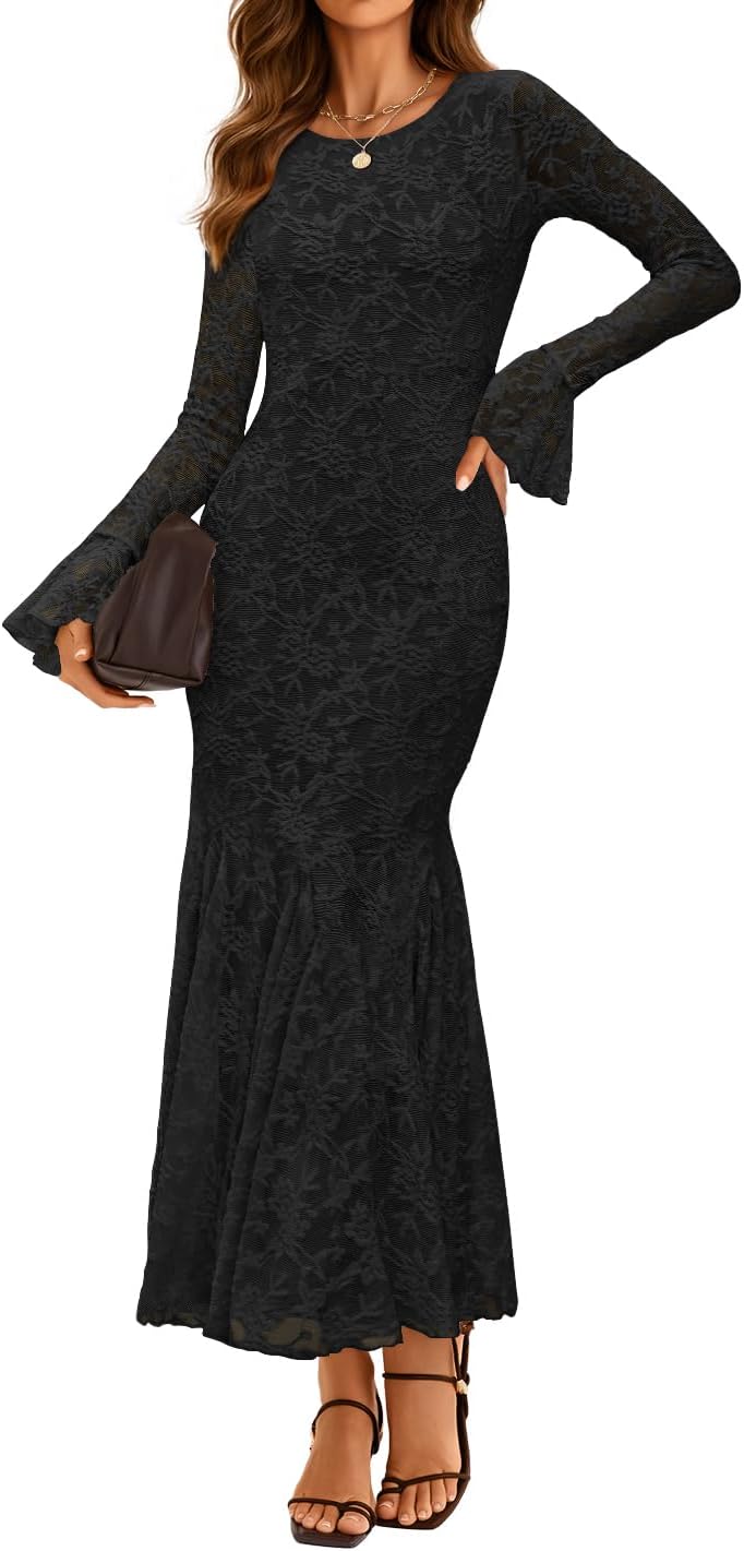 ZESICA Women's Long Sleeve Bodycon Maxi Dress 2026 Fall Fashion Floral Sexy Mermaid Wedding Guest Cocktail Party Dresses