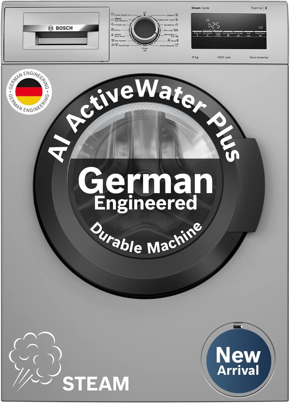 Bosch 8 kg 5 Star Front Load Fully-Automatic Washing Machine, Steam Hygiene, AI ActiveWater, 15 Wash Programs, No Tangle or Wrinkle, SoftCare Paddle, Shiny Silver, WAJ2826BIN