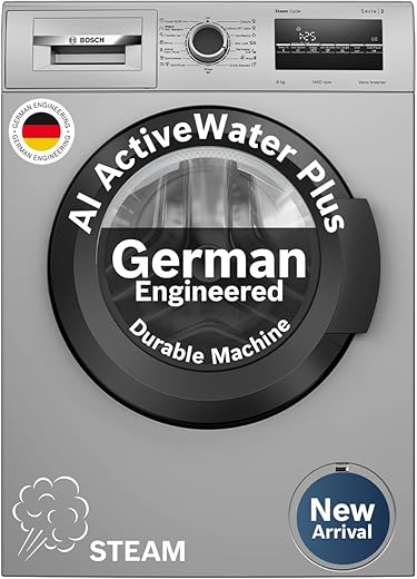 Bosch 8 kg 5 Star Fully-Automatic Front Loading Washing Machine (WAJ2826BIN, Shiny Silver, AI active water plus, In-Built Heater)