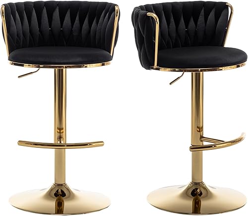 Juego de 2 taburetes de bar de terciopelo, taburetes de bar con respaldo bajo, taburetes de bar giratorios dorados para isla de cocina, bar pub