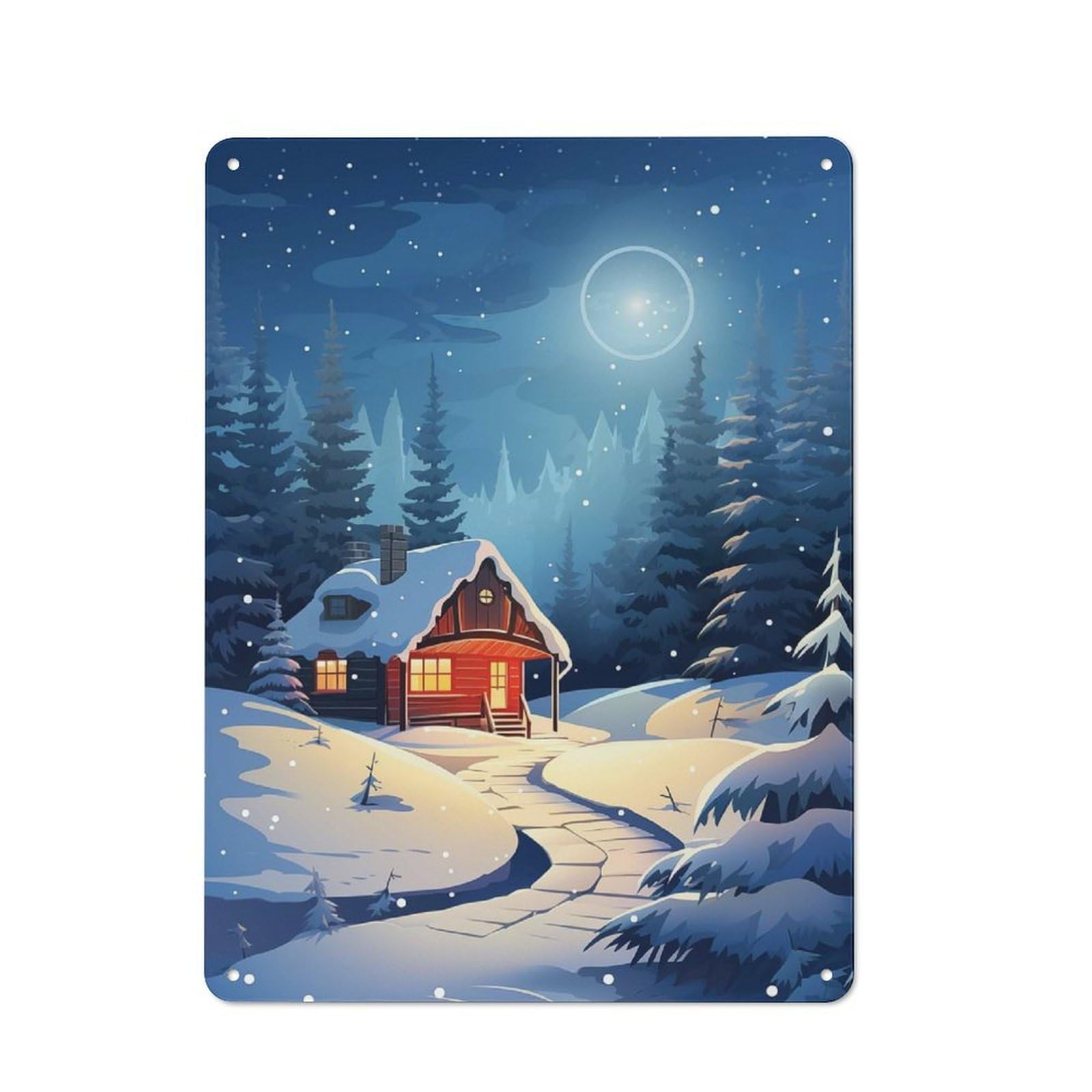 Cabin in Winter at Night Printed Metal Sign 40x30cm for Café Or Home Bar, Housewarming Wall Decor for People Furnishing Café And Home Bar