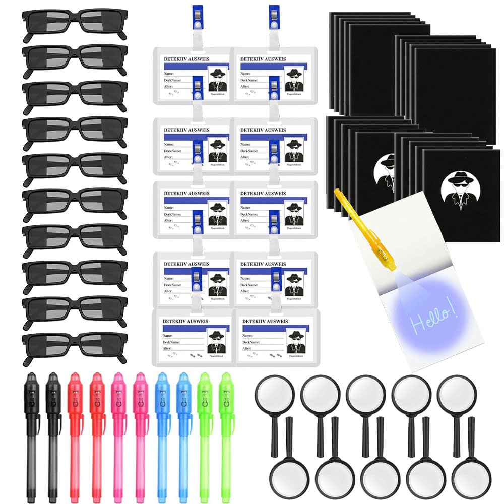 Lot de 50 jouets détective pour enfants, stylo UV, carnet notes, loupes, carte identité clip