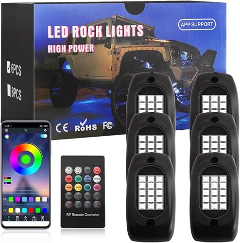 Sidaqi 6 vainas LED Rock Lights 12V 90LEDS Multicolor APPRF Control remoto Kit de luz LED de neón con función de sincronización de modo de música,