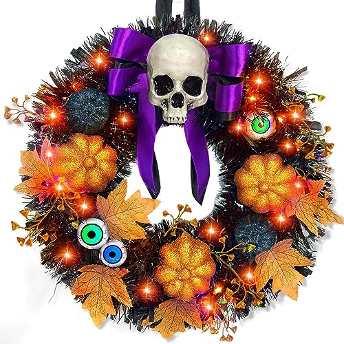 Decoración de corona de Halloween con luces naranjas, 5 calabazas con purpurina, 3 globos oculares, 3 tallos de bayas, 6 hojas de arce, funciona con pilas para puerta delantera, decoración de