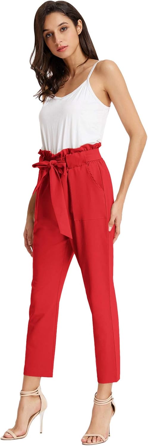 GRACE KARIN Women's Cropped Paper Bag Waist Pants with Pockets Small Red