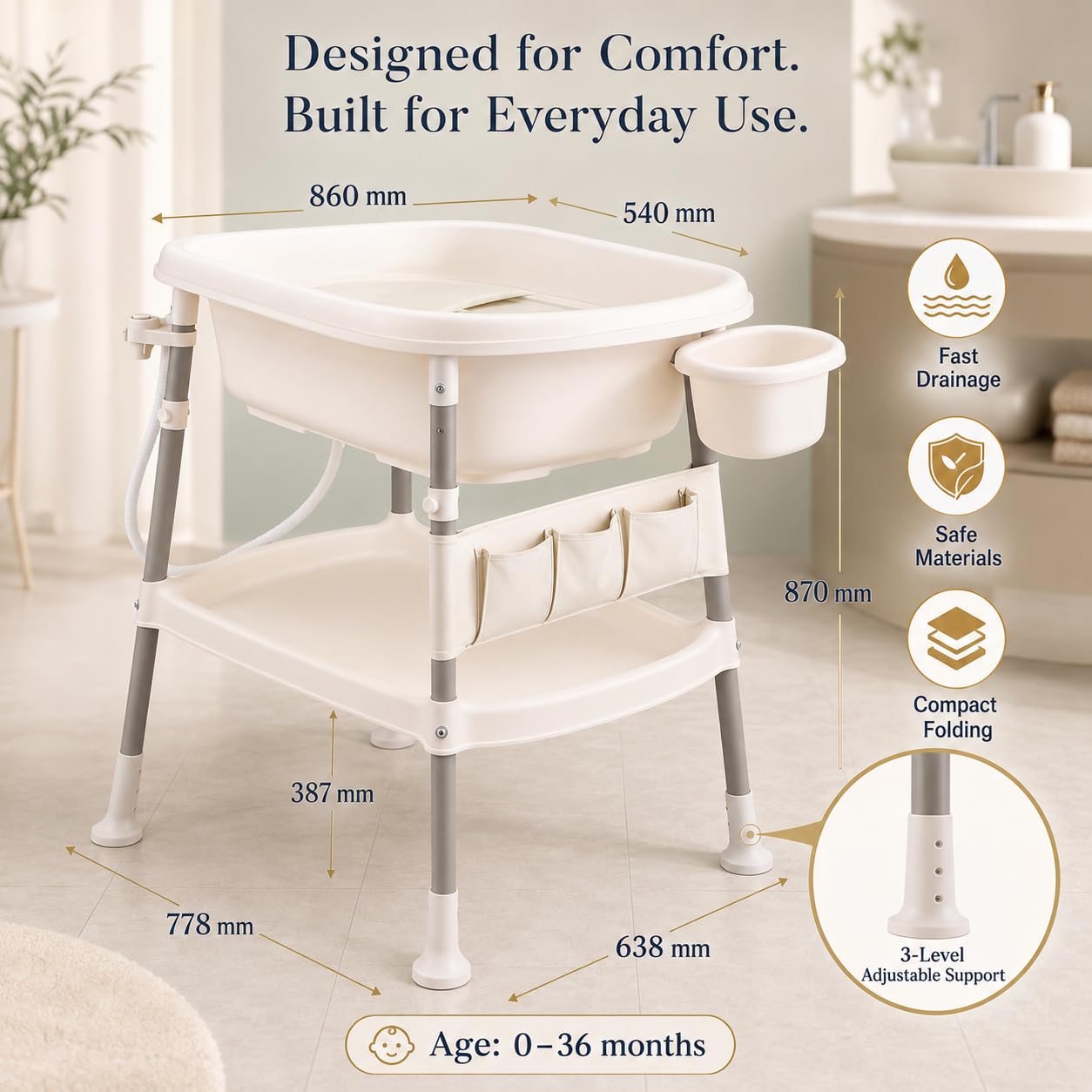 Table à Langer avec Baignoire Bébé 3 en 1, Hauteur Réglable, Thermomètre Digital Intégré, Station de Change Pliable avec Rangement, Tuyau de Vidange, Charge Max 25kg, 0-36 Mois