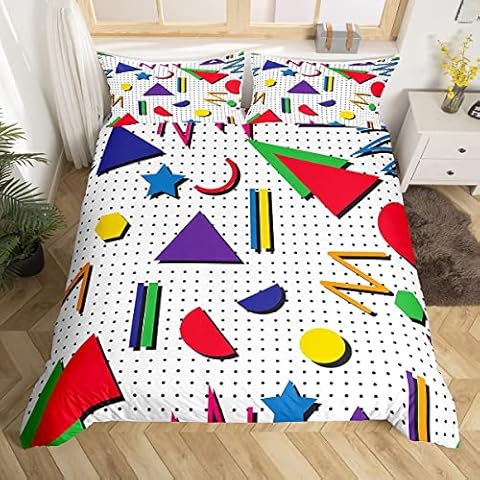 Sunnybed 80s 90S Fashion Style Bedding Set King Size,Retro Memphis Style Pattern with Geometrical Shapes Duvet Cover for Kids Child,Funky Hipster Old Fashioned Comforter Cover Geometric Bedroom Decor Cover