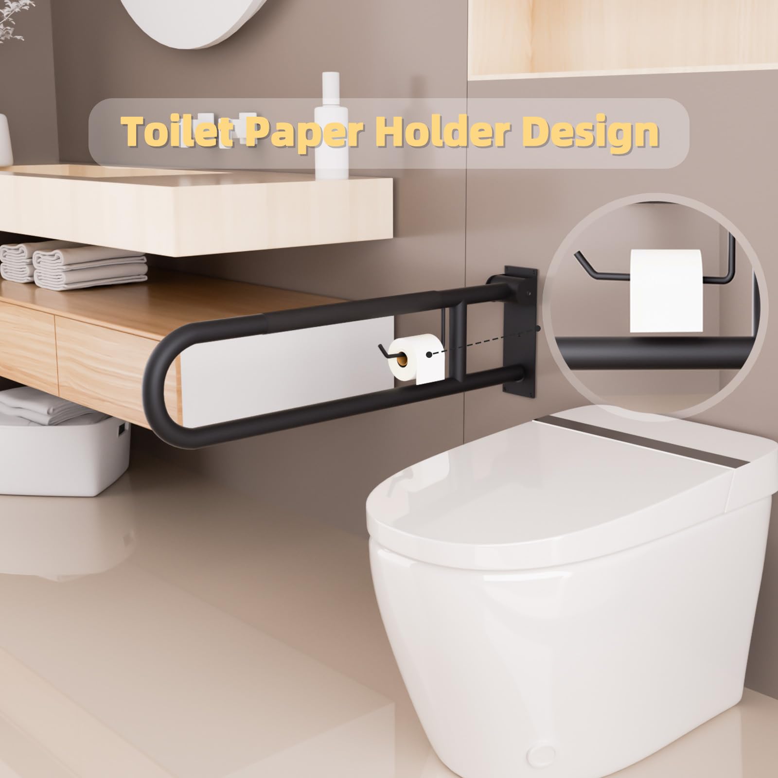 Maniglia per WC da 76 cm, nero opaco, pieghevole, con porta carta, barre antiscivolo zigrinate per WC, corrimano in acciaio inox per anziani disabili, anziani incinti