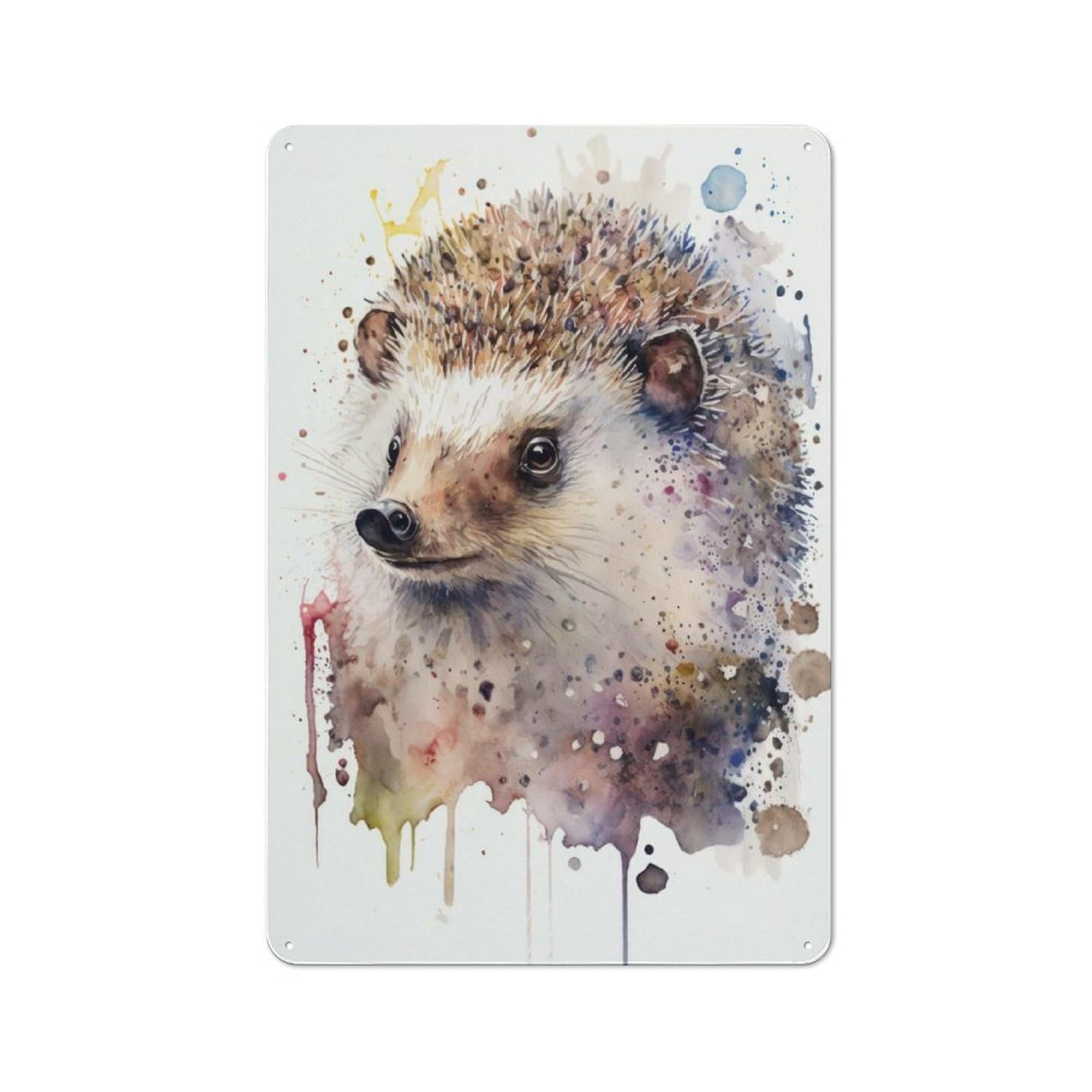 Rustic Tin Wall Sign 30x20cm Featuring Hedgehog Hues Watercolor, Bistro Wall Plaque for Restaurant, Kitchen, Counter Or Breakfast Nook