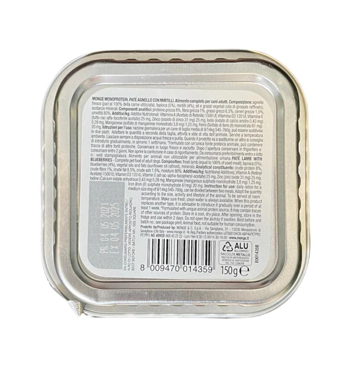 Monge Monoprotein Cibo umido per Cane, gusto Agnello con Mirtilli, senza coloranti, conservanti e zuccheri aggiunti. Confezione da 24 vaschette (1 = 150gr.)