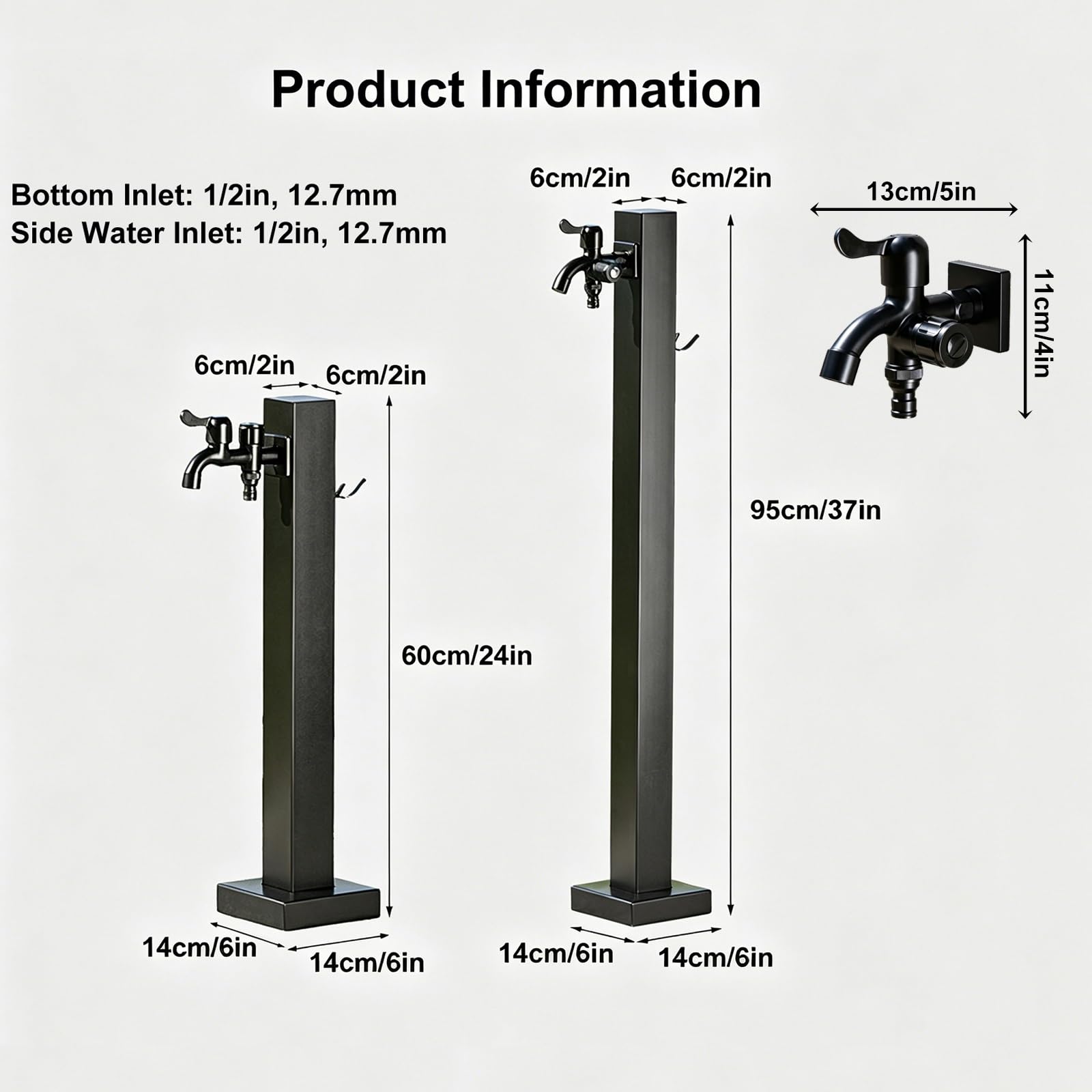 Fuente Jardin Exterior Negra, Columna de Agua para Jardín de Acero Inoxidable con Grifo y Gancho para Patio y Terraza(6x95cm/2x37in)