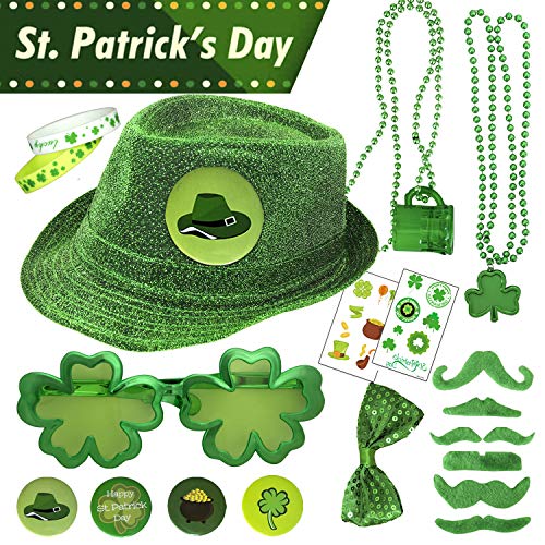 Mitcien 19 Pcs St. Patrick's Day Accessories Decorations Saint Patricks Party Favors with St Patricks Green Hat Shamrock Glasses Beads Necklace Tattoos Medal Bow Tie Mustaches and Rubber Bracelets