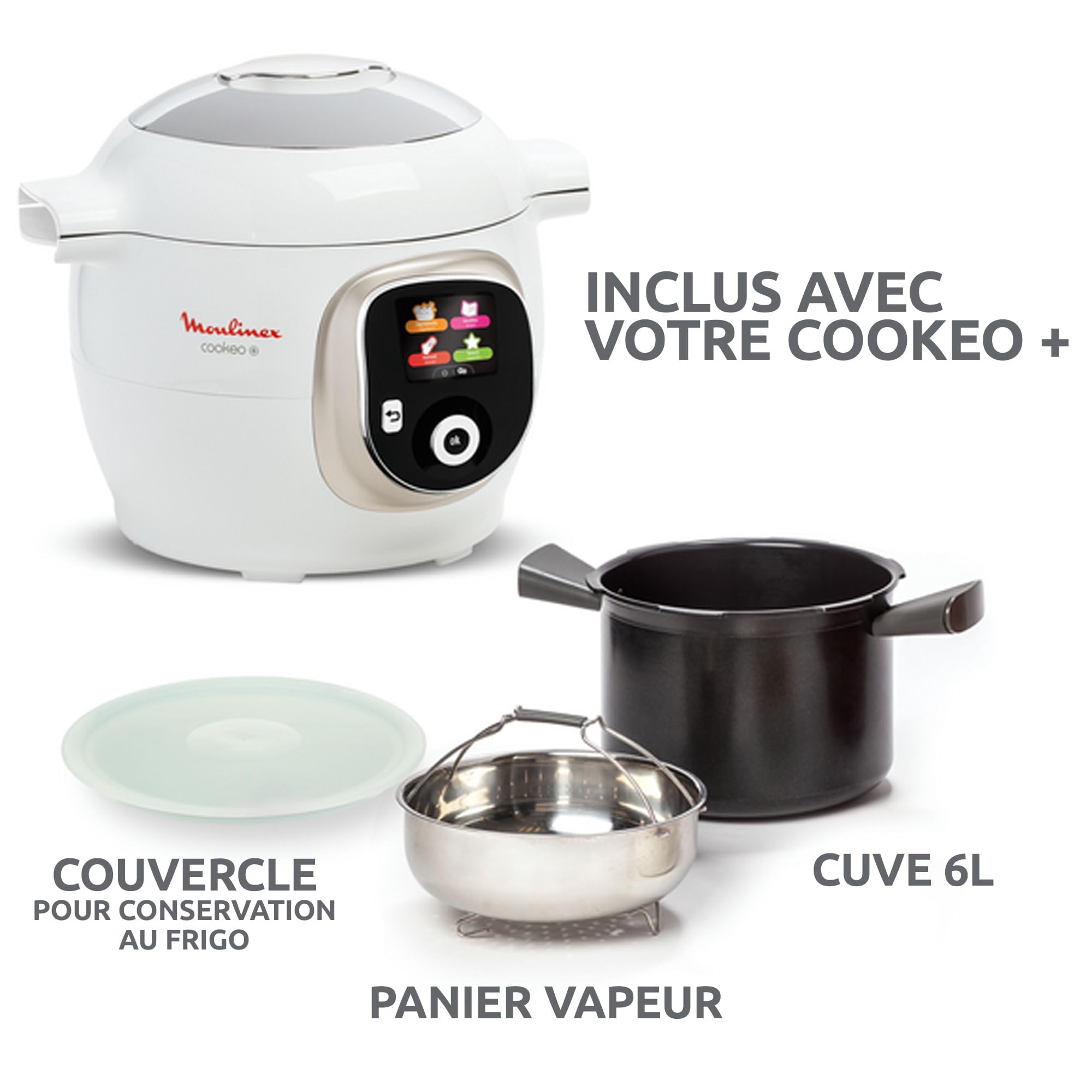 Moulinex Cookeo Multicuiseur intelligent, Capacité 6 L, Haute pression, Ecran intuitif, Guide de cuisson pas à pas, Couvercle de conservation, Application dédiée, 150 recettes, Blanc CE85CA10