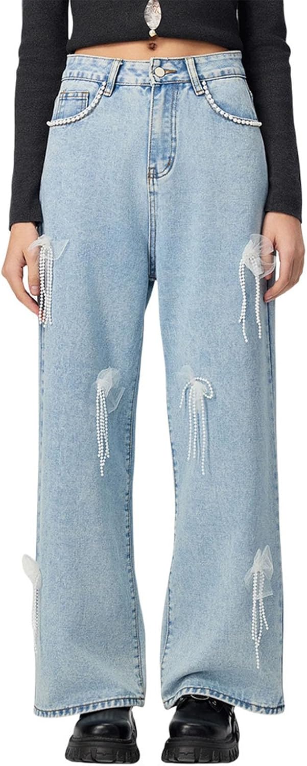 Jeans for Women Trendy High Waisted Wide Leg Jeans Casual Straight Leg Boyfriend Denim Pants with Cute Bowknot