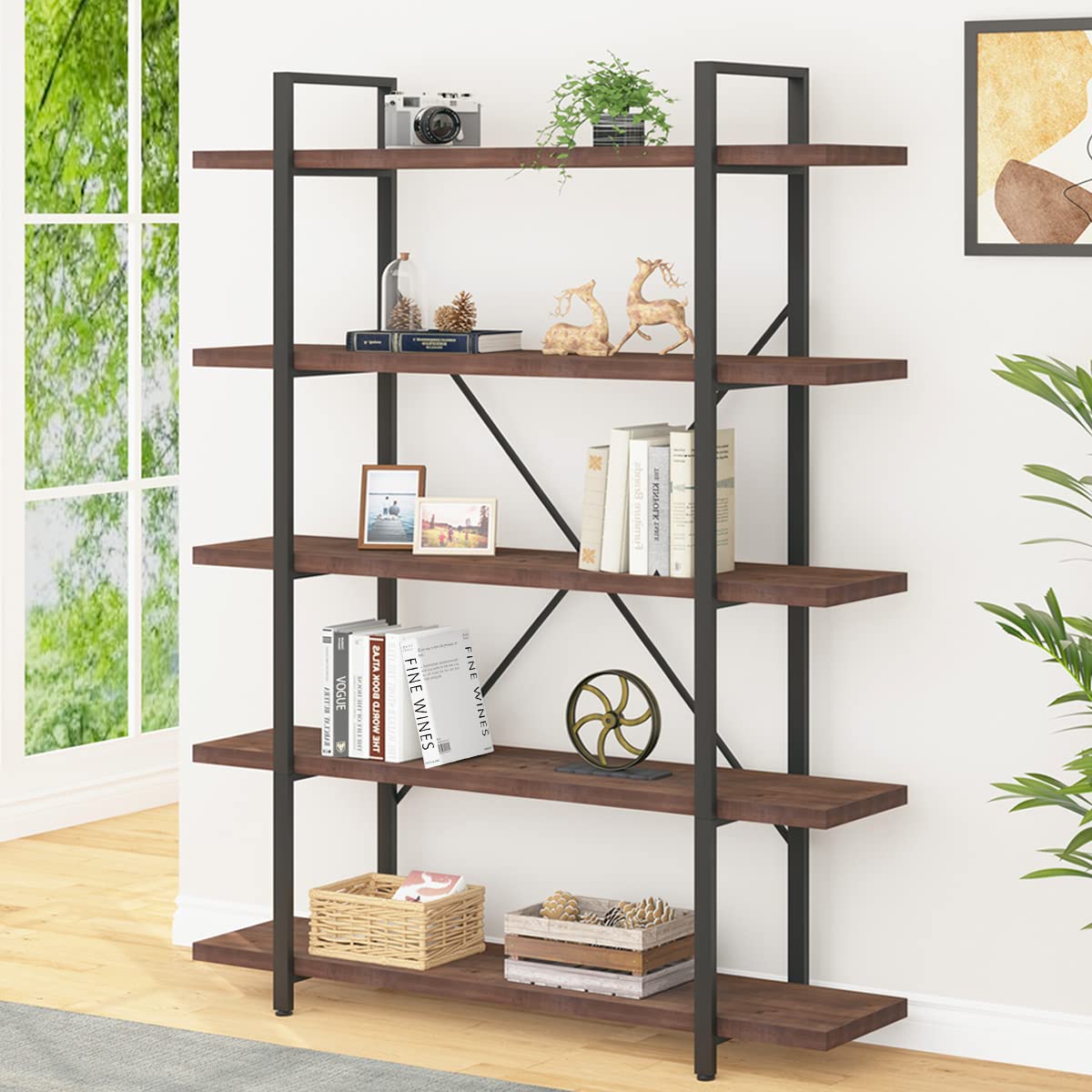 Buy IBF Solid Wood 5 Tier Bookcase, Industrial Natural Real Wood Metal