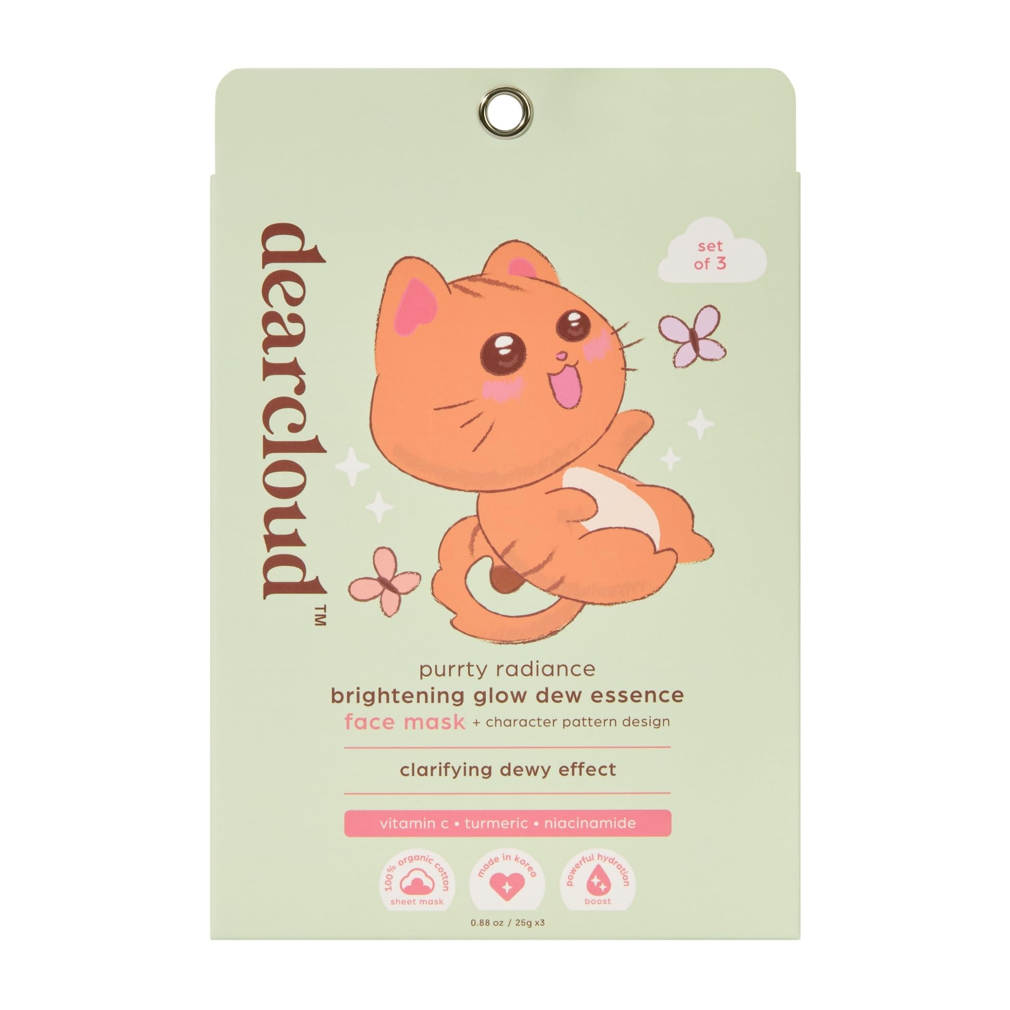 dearcloud Purrty Radiance Illuminating Glow Dew Essence Face Mask, Korean Sheet Mask - Vitamin C, Niacinamide & Turmeric (3 Count)