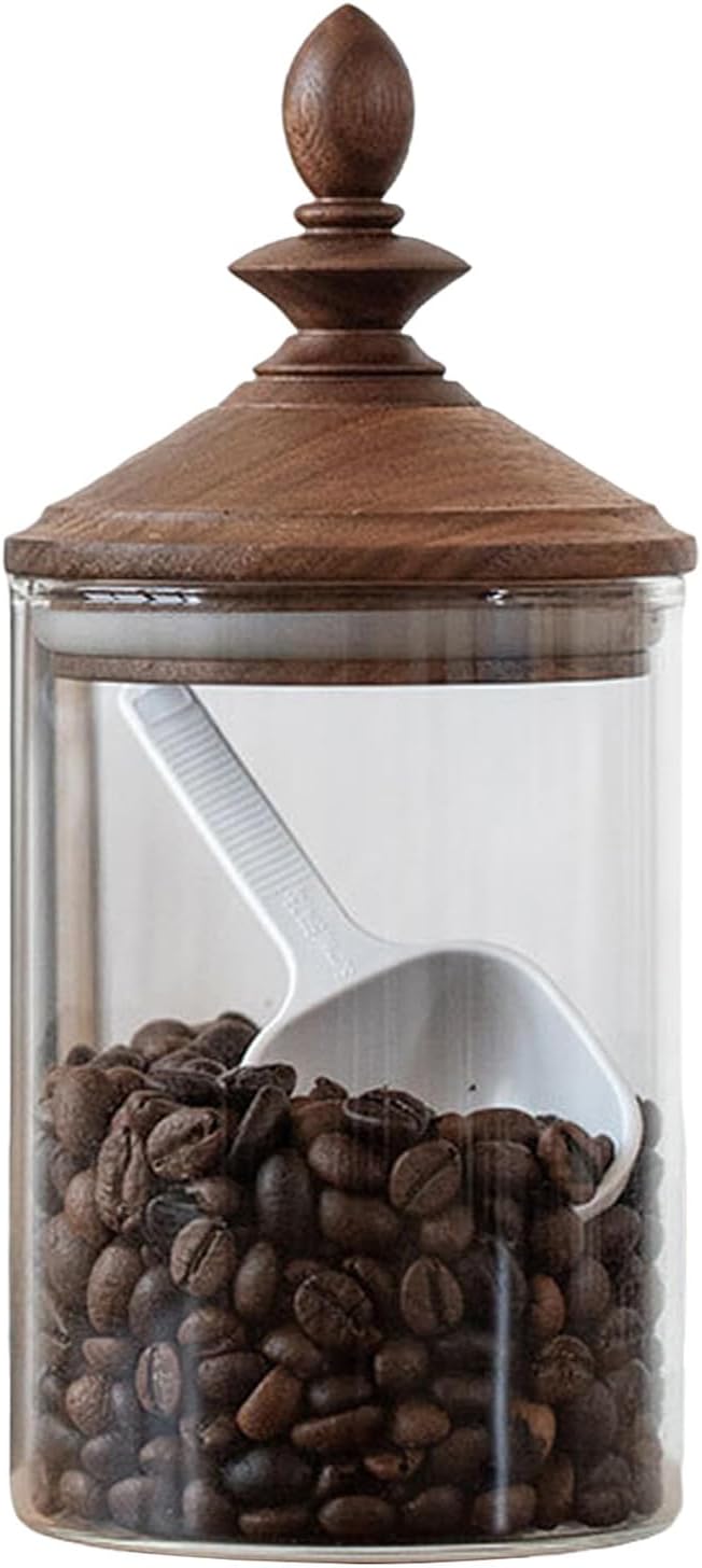 Glass Coffee Bean Container, Airtight Retro Wooden Lid, Spice Jars with spoon, Kitchen Storage Canister for Tea, Spice, and More (800ML)