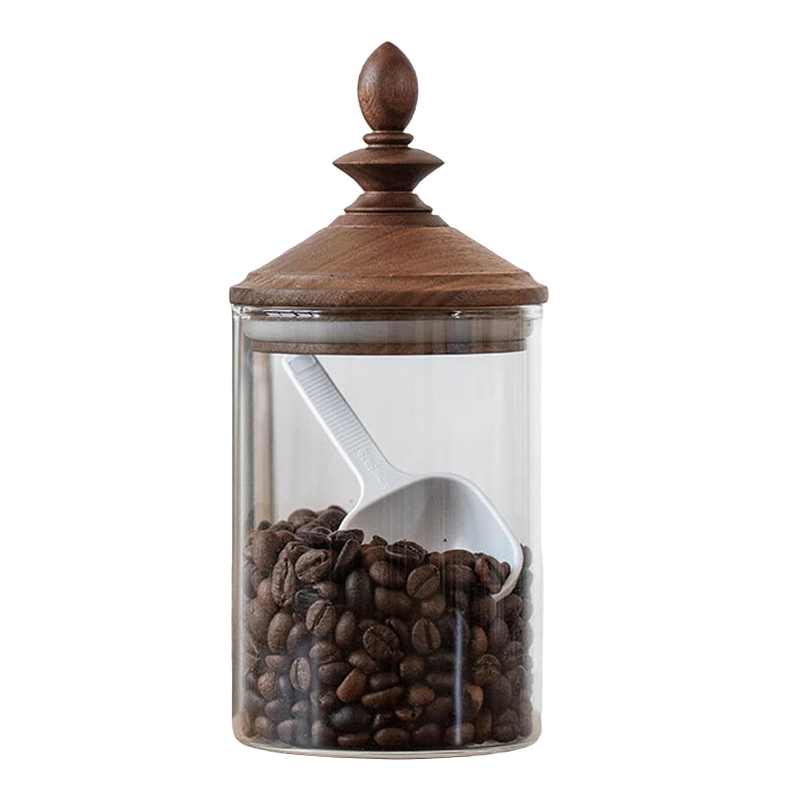 AXUYU Glass Coffee Bean Container, Airtight Retro Wooden Lid, Spice Jars with spoon, Kitchen Storage Canister for Tea, Spice, and More (550ML)