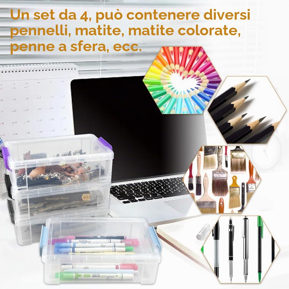 LANSKYLAN Set di 4 astucci per matite in plastica, impilabili, scatole per matite da scrivania, scatole organizer per pennelli, forniture scolastiche, ufficio (21 x 14 x 7 cm)