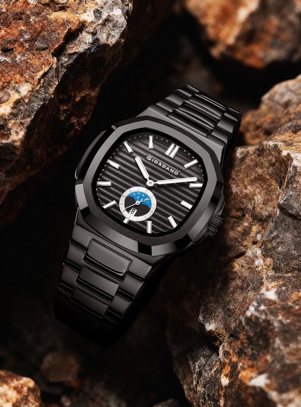 Image of Giordano Analog Watch for Men - Classic Moon Phase Design with Textured Dial, Durable Stainless Steel Strap, and Date Display