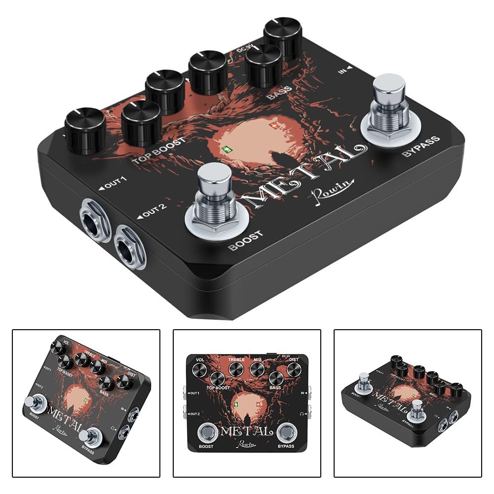 Rowin - Pedale effetto distorsione in metallo per chitarra, con True Bypass, alti regolabili per manopole Boost Volume, ampio per controllo tono, Blues, Hard Rock e High Gain Metal, nero