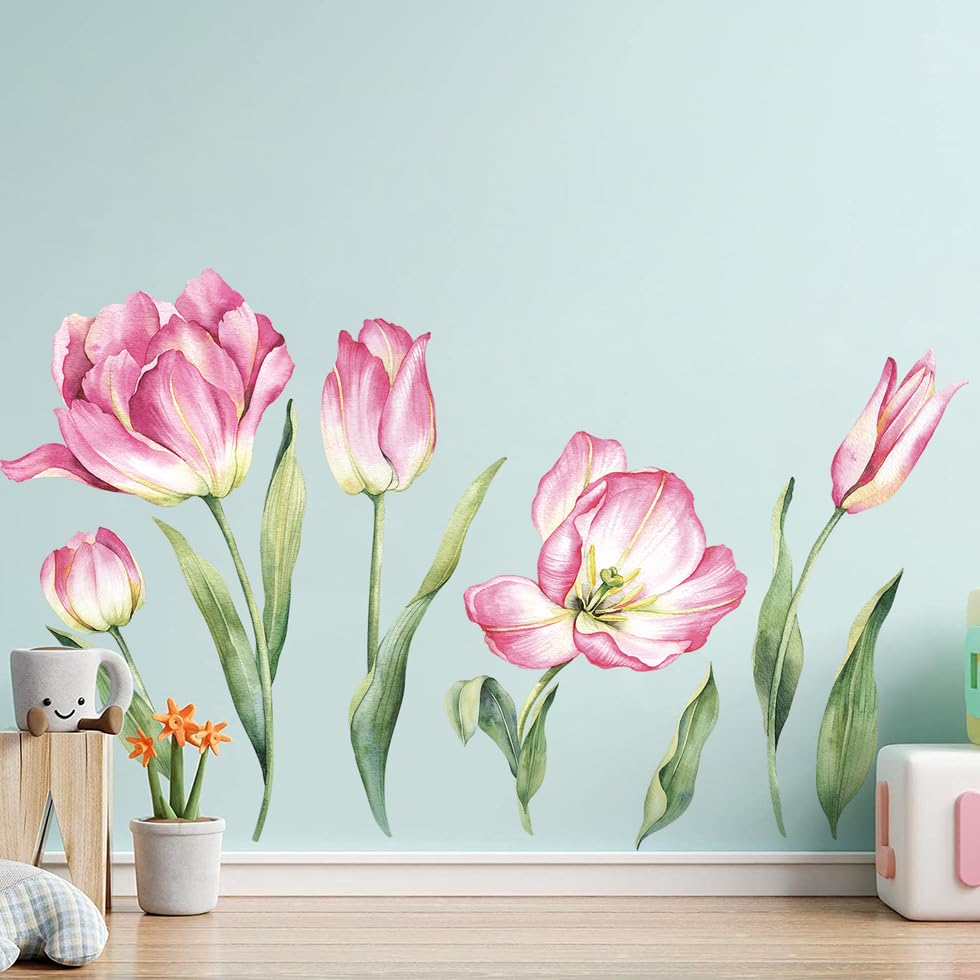 Vinilos Decorativos de Flores Rosadas con Hojas Verdes miniatura 1