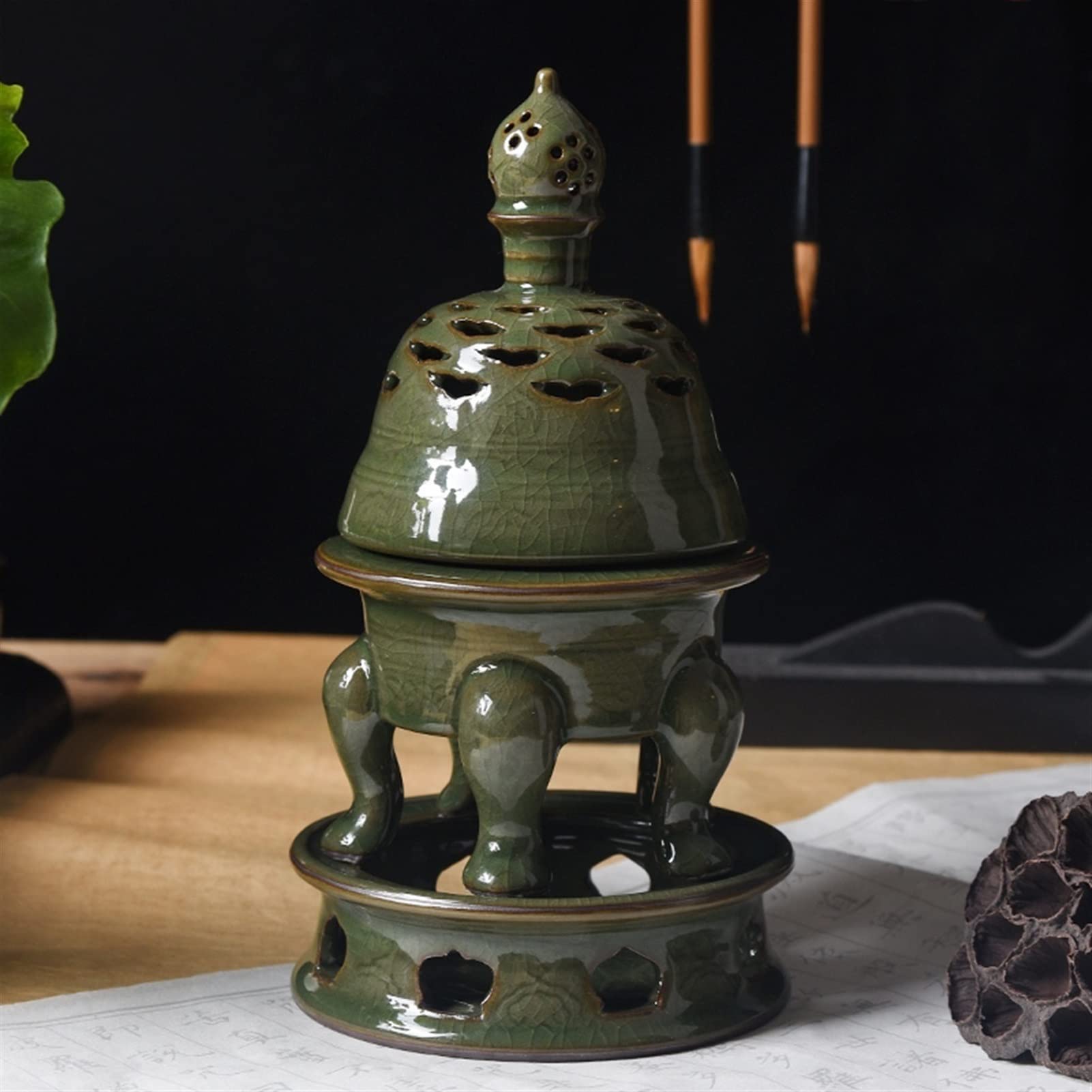 Quemador de incienso de cerámica con tapa, incienso incensador for cono/bobina/palos, titular de censas de porcelana, decoración del templo de yoga de té de la oficina en casa de Té Oficina Hogar