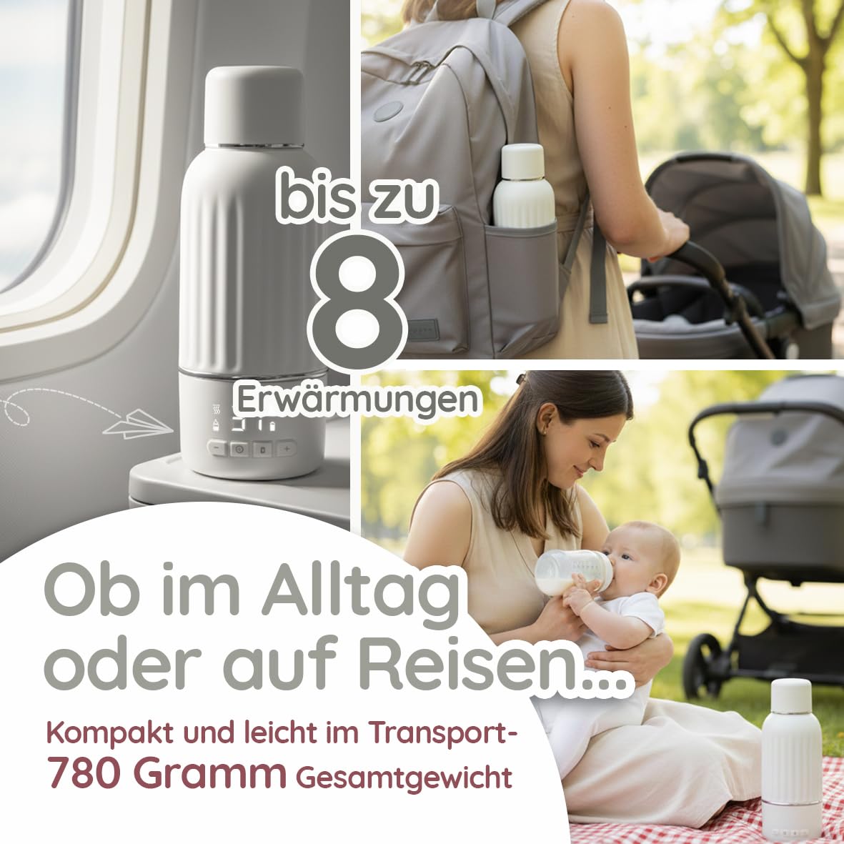 mavie&me Chauffe-biberon pour bébé 500 ml avec batterie - Blanc mat | Sans BPA avec stérilisation, chauffage rapide en 3 minutes – Chauffe-lait maternel mobile et chauffe-eau, blanc mat